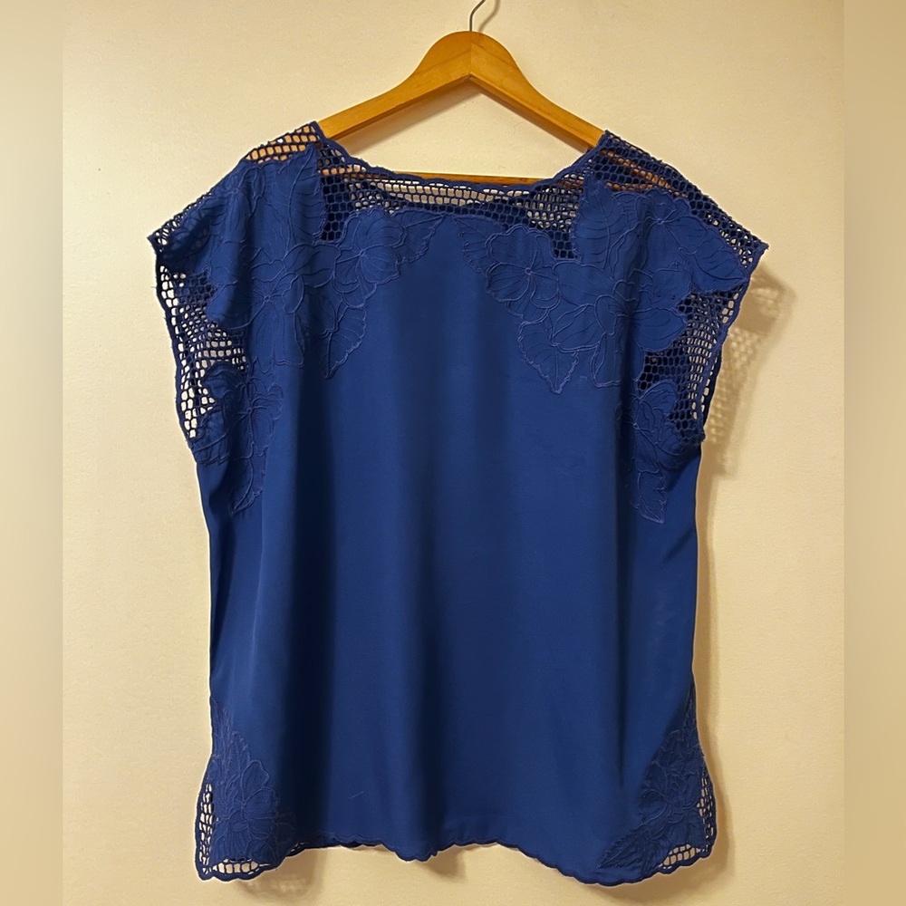 Vintage Cobalt Blue Crochet Trim Blouse